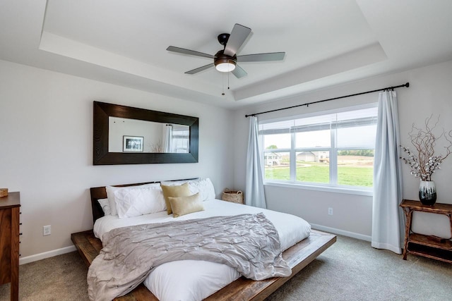 447 Crusader Pt, Waunakee, WI 53597 - carpeted bedroom featuring a raised ceiling, baseboards, and ceiling fan