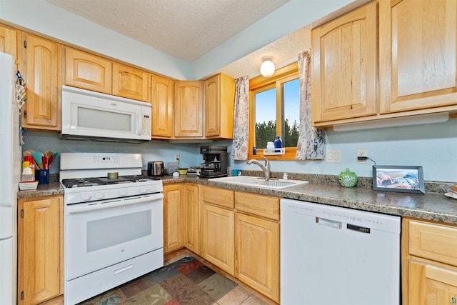14303 Rock N Roll Ln, Gordon, WI 54838 - kitchen with white appliances, a sink, a textured ceiling, light brown cabinets, and dark countertops