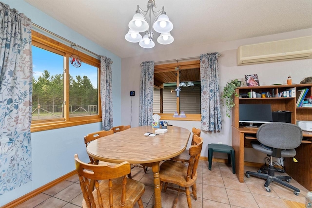 14303 Rock N Roll Ln, Gordon, WI 54838 - dining room with a wall mounted AC, a chandelier, tile patterned floors, baseboards, and a desk