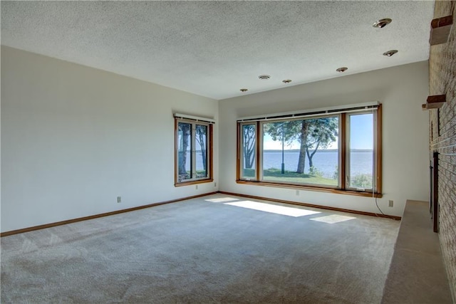 8303 163rd St, Chippewa Falls, WI 54729 - empty room featuring carpet, a fireplace, a textured ceiling, and a water view