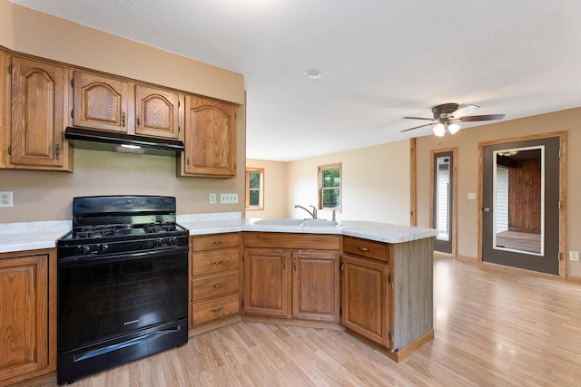 N3661 Peters Rd, La Crosse, WI 54601 - kitchen featuring gas stove, a sink, under cabinet range hood, a peninsula, and light wood-type flooring