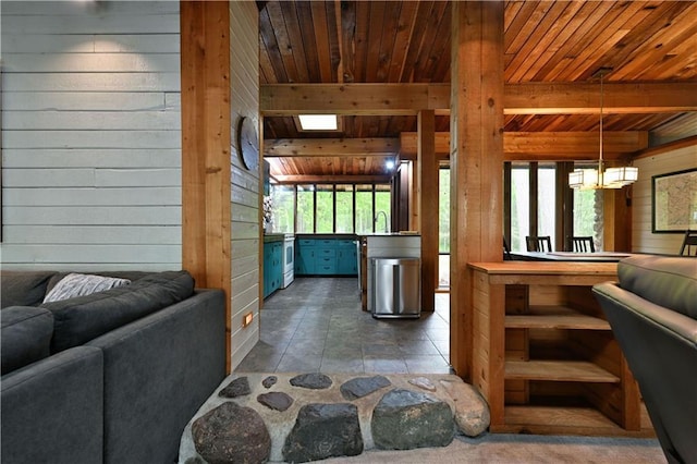 N5575 Schultz Ln, Stone Lake, WI 54876 - kitchen featuring wood walls, wooden ceiling with exposed beams, a chandelier, and open floor plan