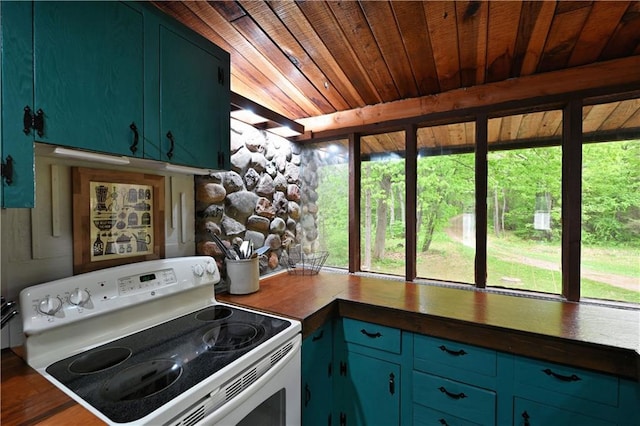 N5575 Schultz Ln, Stone Lake, WI 54876 - kitchen with white electric range, wood ceiling, and healthy amount of natural light