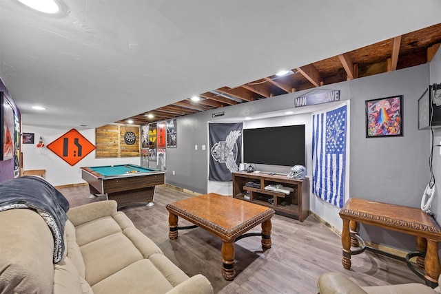 S69W32641 Westgate Dr, Mukwonago, WI 53149 - living area with billiards table, wood finished floors, baseboards, and recessed lighting