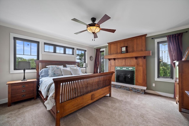 S28W31464 County Road De, Waukesha, WI 53189 - bedroom featuring a fireplace, ornamental molding, light carpet, and ceiling fan