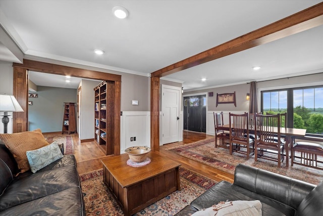 S28W31464 County Road De, Waukesha, WI 53189 - living room with wood finished floors, a wainscoted wall, recessed lighting, and ornamental molding