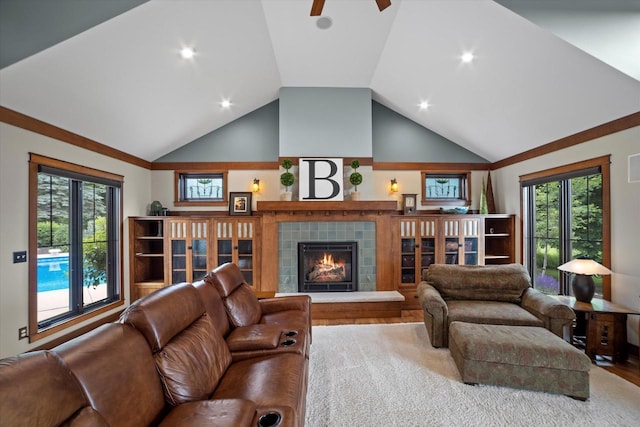 S28W31464 County Road De, Waukesha, WI 53189 - living area featuring vaulted ceiling, ceiling fan, wood finished floors, healthy amount of natural light, and a fireplace