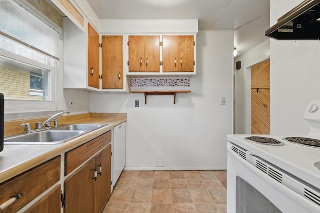 2507 S 94th St, West Allis, WI 53227 - kitchen with white appliances, a sink, wall chimney range hood, light countertops, and brown cabinets