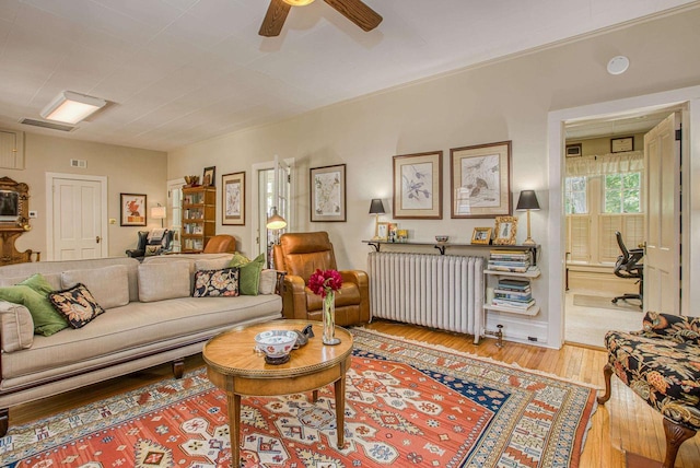 150 Rountree Ave, Platteville, WI 53818 - living room featuring radiator heating unit, light wood-style floors, and ceiling fan