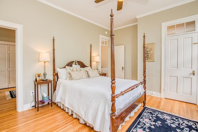 150 Rountree Ave, Platteville, WI 53818 - bedroom featuring light wood-style floors, ornamental molding, baseboards, and ceiling fan