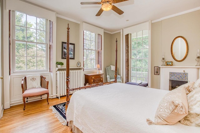 150 Rountree Ave, Platteville, WI 53818 - bedroom featuring radiator heating unit, light wood-style floors, multiple windows, crown molding, and a ceiling fan