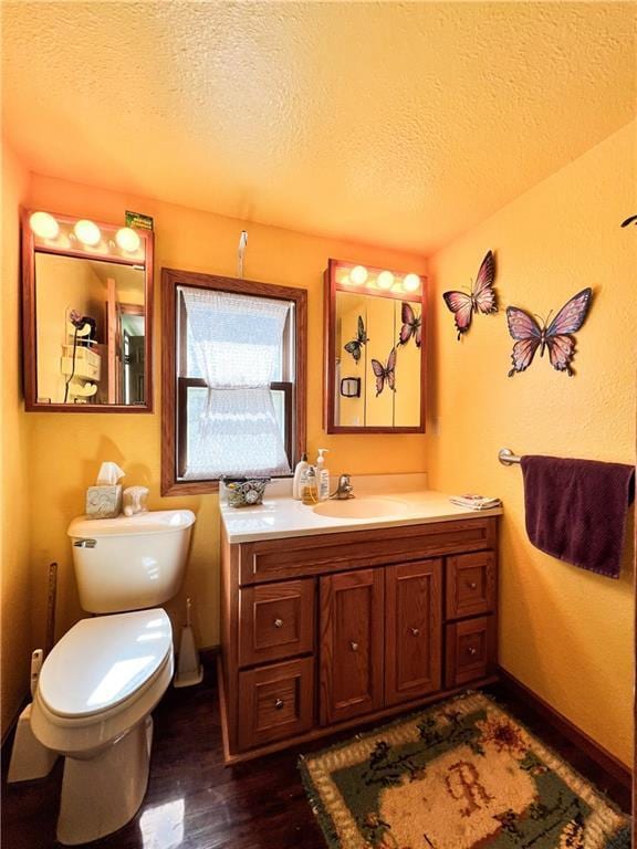 999 Mcgill Point Rd, Weyerhaeuser, WI 54895 - bathroom with a textured ceiling, vanity, wood finished floors, toilet, and baseboards