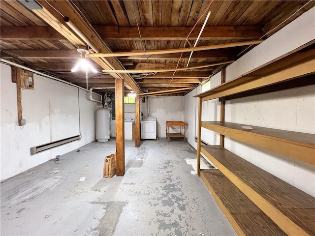 999 Mcgill Point Rd, Weyerhaeuser, WI 54895 - unfinished basement featuring gas water heater, washer / clothes dryer, and a baseboard heating unit