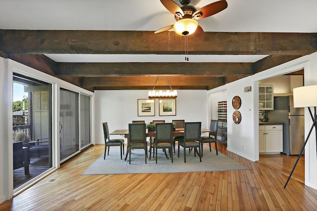 940 Alpine Dr Unit 01, Fontana, WI 53125 - dining room with light wood-type flooring, a chandelier, beam ceiling, and a ceiling fan