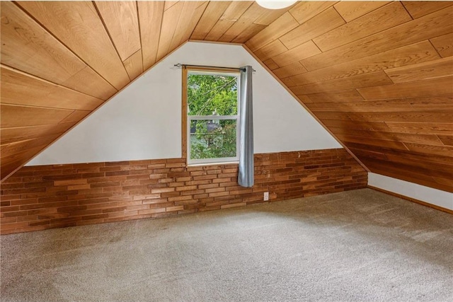 201 5th St, Centuria, WI 54824 - additional living space with wood ceiling, lofted ceiling, carpet floors, wooden walls, and a wainscoted wall