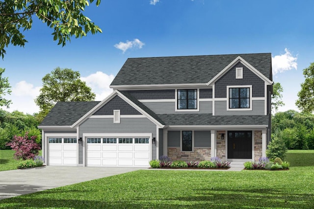 149 Twin Creeks Ct, Dousman, WI 53118 - view of front of house featuring a front yard, an attached garage, concrete driveway, stone siding, and a shingled roof