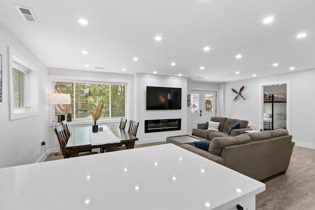 539 Highland Rd, Williams Bay, WI 53191 - living room featuring baseboards, light wood-style floors, a large fireplace, and recessed lighting