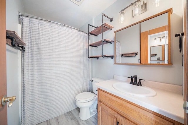 2759 Hamilton St, Oshkosh, WI 54901 - bathroom with vanity, toilet, wood finished floors, and a shower with shower curtain