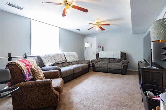 1843 190th St, Centuria, WI 54824 - carpeted living room featuring ceiling fan and a textured ceiling