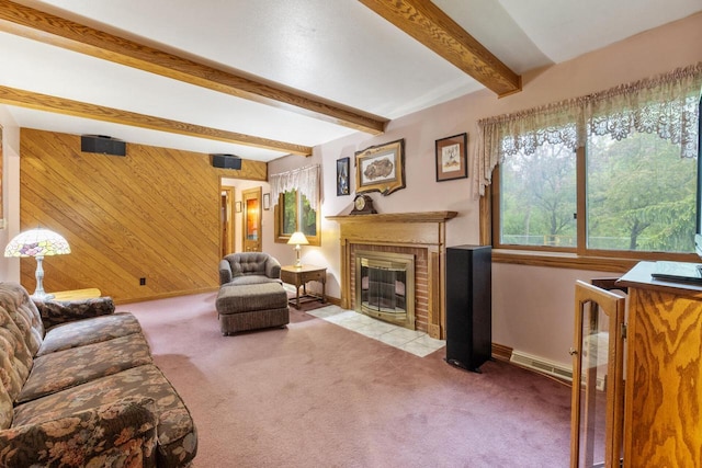 1001 W Fairfield Ct, Glendale, WI 53217 - living room with wood walls, carpet flooring, beamed ceiling, baseboards, and a fireplace