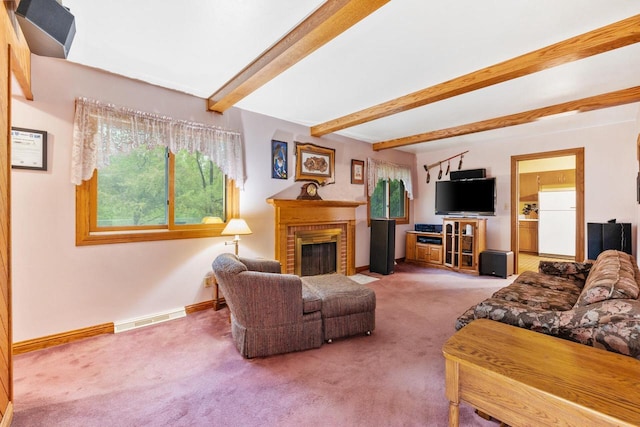 1001 W Fairfield Ct, Glendale, WI 53217 - living room with carpet floors, beam ceiling, baseboards, and a brick fireplace
