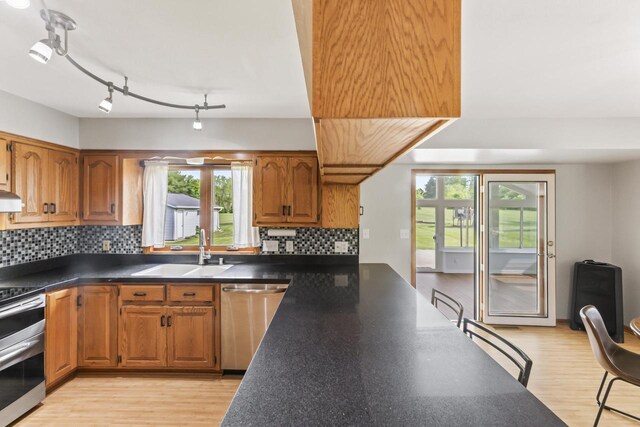 S38W32310 Green Briar Rd, Waukesha, WI 53189 - kitchen with appliances with stainless steel finishes, a sink, light wood-style floors, and dark countertops