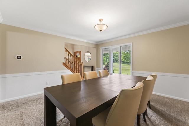 S38W32310 Green Briar Rd, Waukesha, WI 53189 - dining space featuring carpet, stairs, ornamental molding, and baseboards