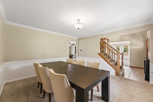 S38W32310 Green Briar Rd, Waukesha, WI 53189 - carpeted dining area with stairway, crown molding, and tile patterned floors