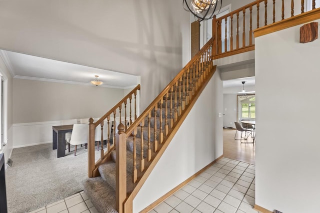 S38W32310 Green Briar Rd, Waukesha, WI 53189 - staircase featuring tile patterned floors, a chandelier, ornamental molding, baseboards, and carpet flooring