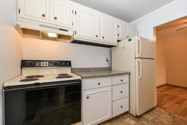 2260 W Good Hope Rd Unit 129, Glendale, WI 53209 - kitchen with electric range, freestanding refrigerator, under cabinet range hood, white cabinetry, and stone finish flooring