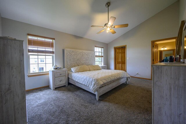 5278 W Highlands Ct, Franklin, WI 53132 - carpeted bedroom with multiple windows, baseboards, lofted ceiling, and ceiling fan