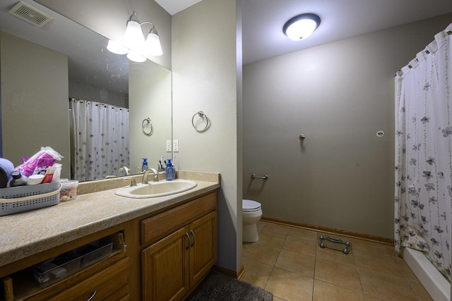 5278 W Highlands Ct, Franklin, WI 53132 - full bathroom with vanity, toilet, tile patterned floors, baseboards, and a shower with shower curtain
