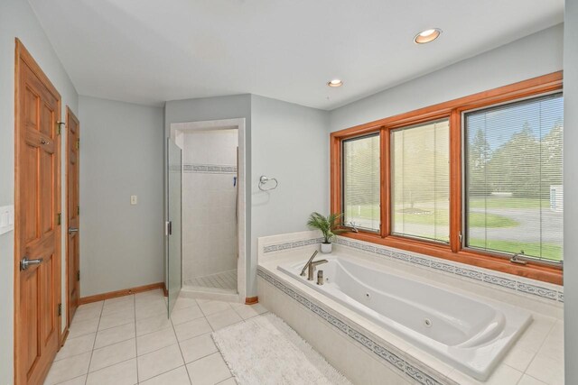 1441 W County Line Rd, River Hills, WI 53217 - bathroom featuring a tub with jets, a shower stall, recessed lighting, and tile patterned floors