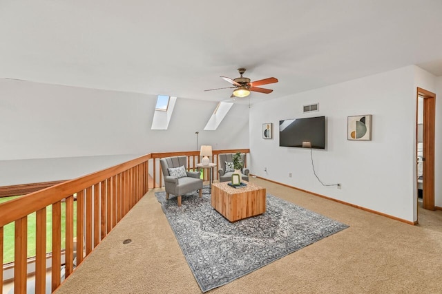 1441 W County Line Rd, River Hills, WI 53217 - living room with a skylight, a ceiling fan, and carpet flooring