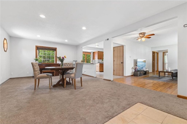 8499 Heron Ave, Cottage Grove, MN 55016 - dining room featuring light carpet, recessed lighting, a ceiling fan, and baseboards