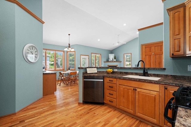 4017 Sandhill Dr, Janesville, WI 53546 - kitchen featuring dishwasher, light wood-style floors, a peninsula, range, and brown cabinetry
