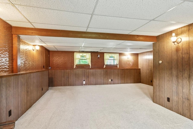 6521 Batavia Ave, Wisconsin Rapids, WI 54494 - basement with wooden walls, carpet floors, and a drop ceiling