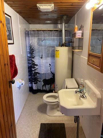 12770 Scenic Dr, Delta, WI 54847 - bathroom featuring gas water heater, a sink, toilet, a shower with shower curtain, and wood ceiling