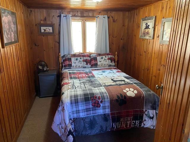 12770 Scenic Dr, Delta, WI 54847 - carpeted bedroom with wood walls and wooden ceiling