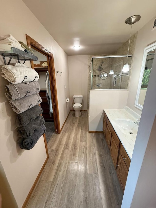 1053 Eastman Ln, Fond Du Lac, WI 54935 - full bath featuring wood finished floors, vanity, a shower stall, toilet, and a walk in closet
