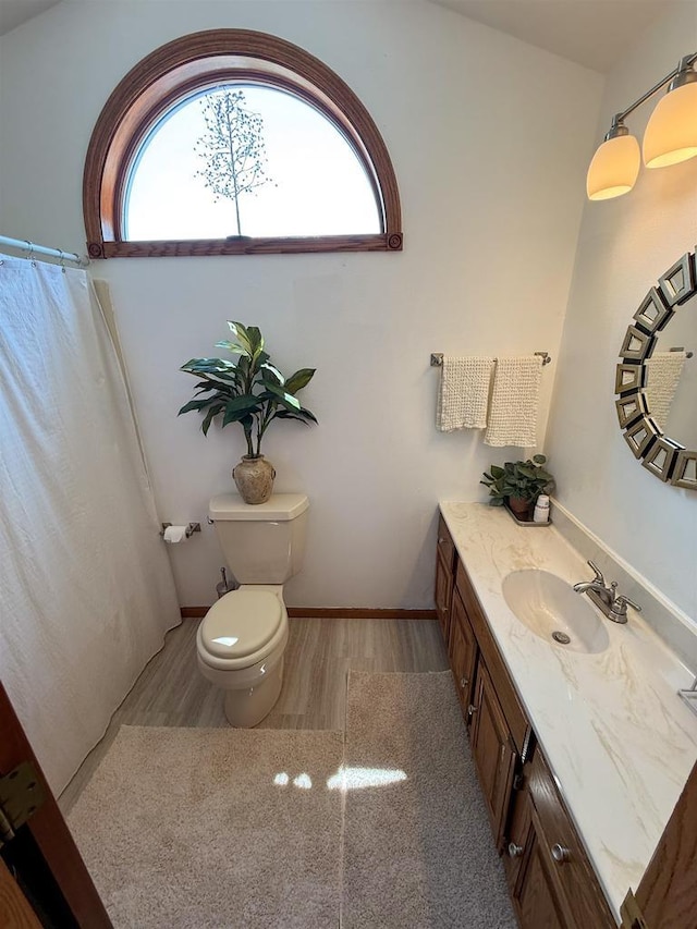 1053 Eastman Ln, Fond Du Lac, WI 54935 - bathroom with wood finished floors, vanity, toilet, and curtained shower