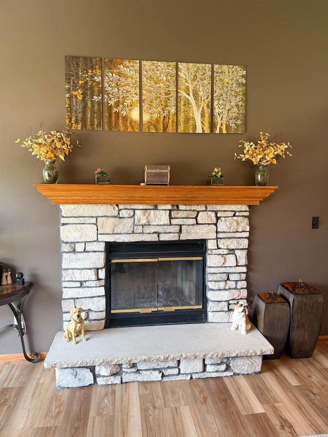1053 Eastman Ln, Fond Du Lac, WI 54935 - detailed view of a stone fireplace, wood finished floors, and baseboards