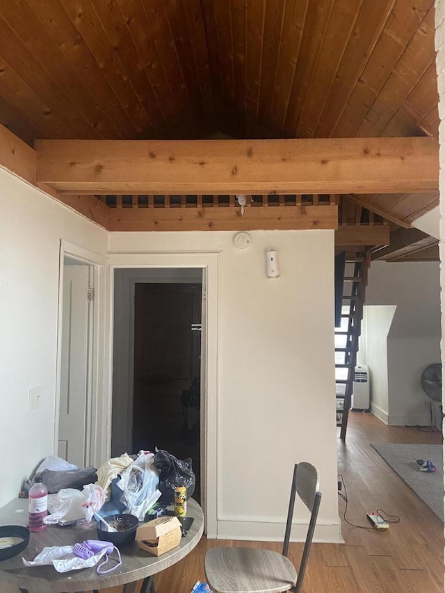 2919 N 50th St Unit 2919A, 2921, Milwaukee, WI 53210 - dining area with wood ceiling with exposed beams, wood finished floors, baseboards, and stairway