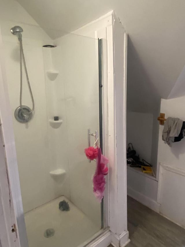 2919 N 50th St Unit 2919A, 2921, Milwaukee, WI 53210 - full bathroom with a shower stall, wood finished floors, and lofted ceiling