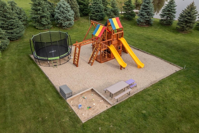 5015 Joshua Dr, West Bend, WI 53090 - view of play area with a trampoline and a lawn