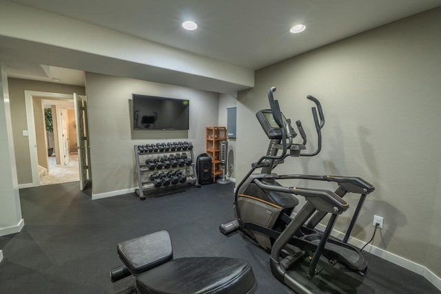 5015 Joshua Dr, West Bend, WI 53090 - exercise room featuring baseboards and recessed lighting