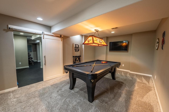 5015 Joshua Dr, West Bend, WI 53090 - rec room featuring a barn door, carpet, baseboards, billiards, and recessed lighting