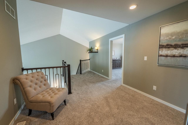 5015 Joshua Dr, West Bend, WI 53090 - living area featuring carpet, an upstairs landing, lofted ceiling, baseboards, and recessed lighting
