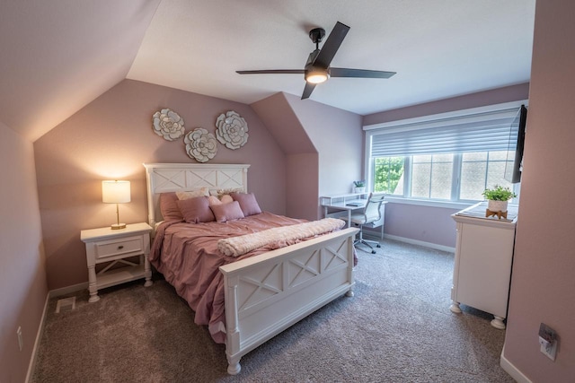 5015 Joshua Dr, West Bend, WI 53090 - bedroom with carpet floors, lofted ceiling, baseboards, ceiling fan, and an office area