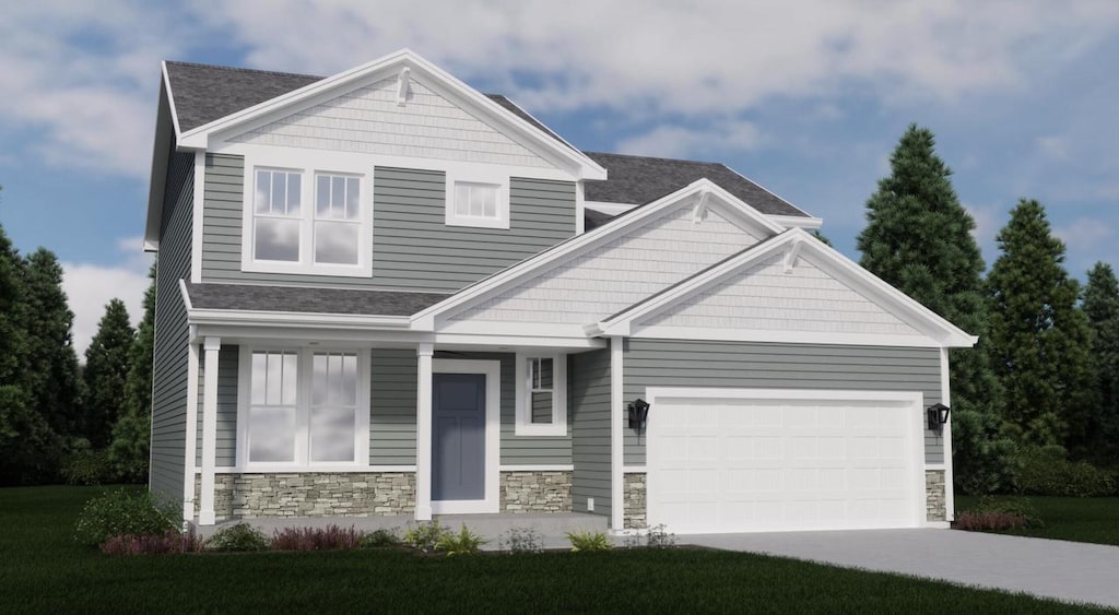 1072 5th Ave, Union Grove, WI 53182 - craftsman inspired home with a garage, concrete driveway, stone siding, and a shingled roof